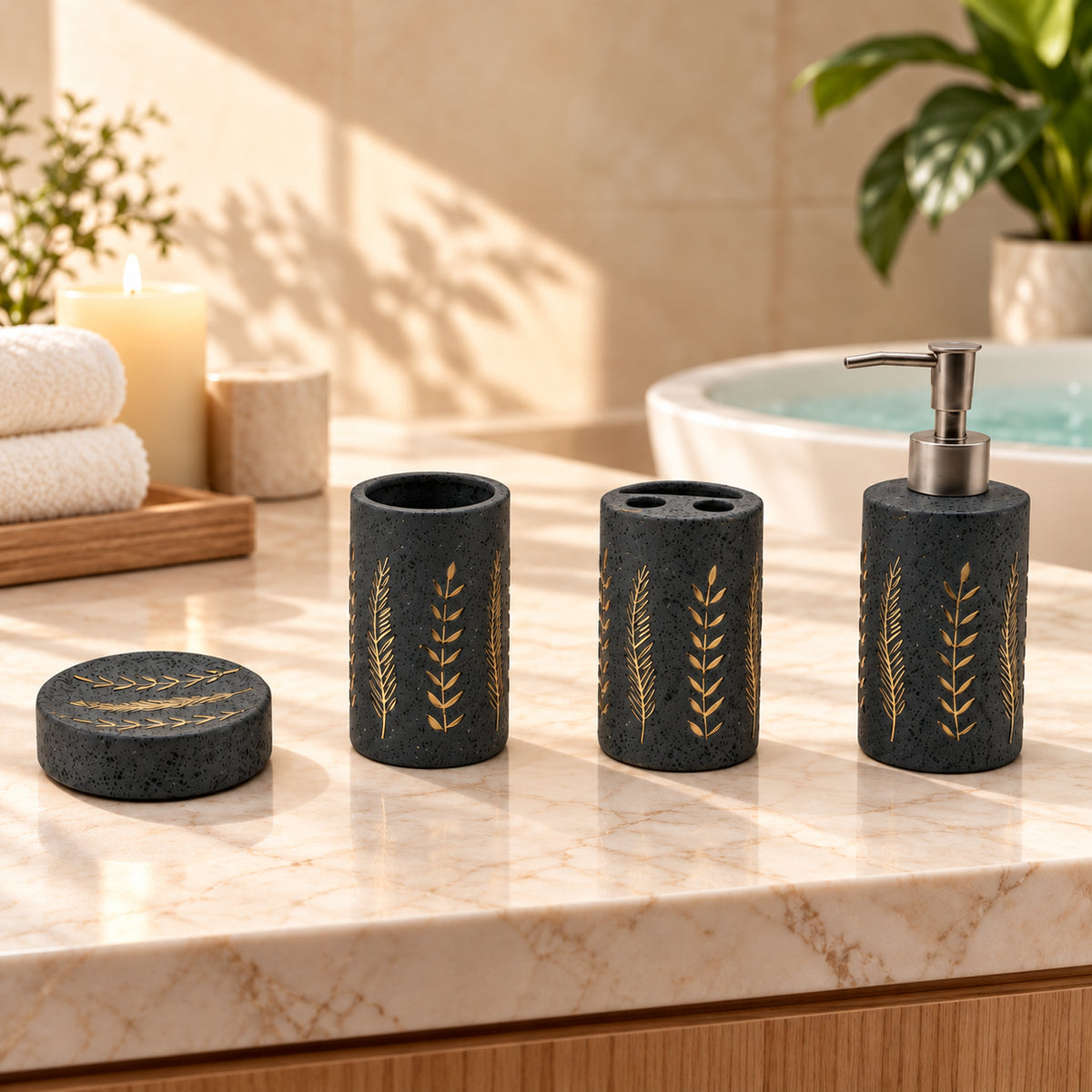 Nature-Inspired Ceramic Bathroom Accessories Set with Leaf Design (4Pcs)