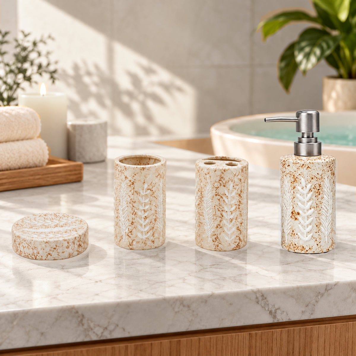 Nature-Inspired Ceramic Bathroom Accessories Set with Leaf Design (4Pcs)