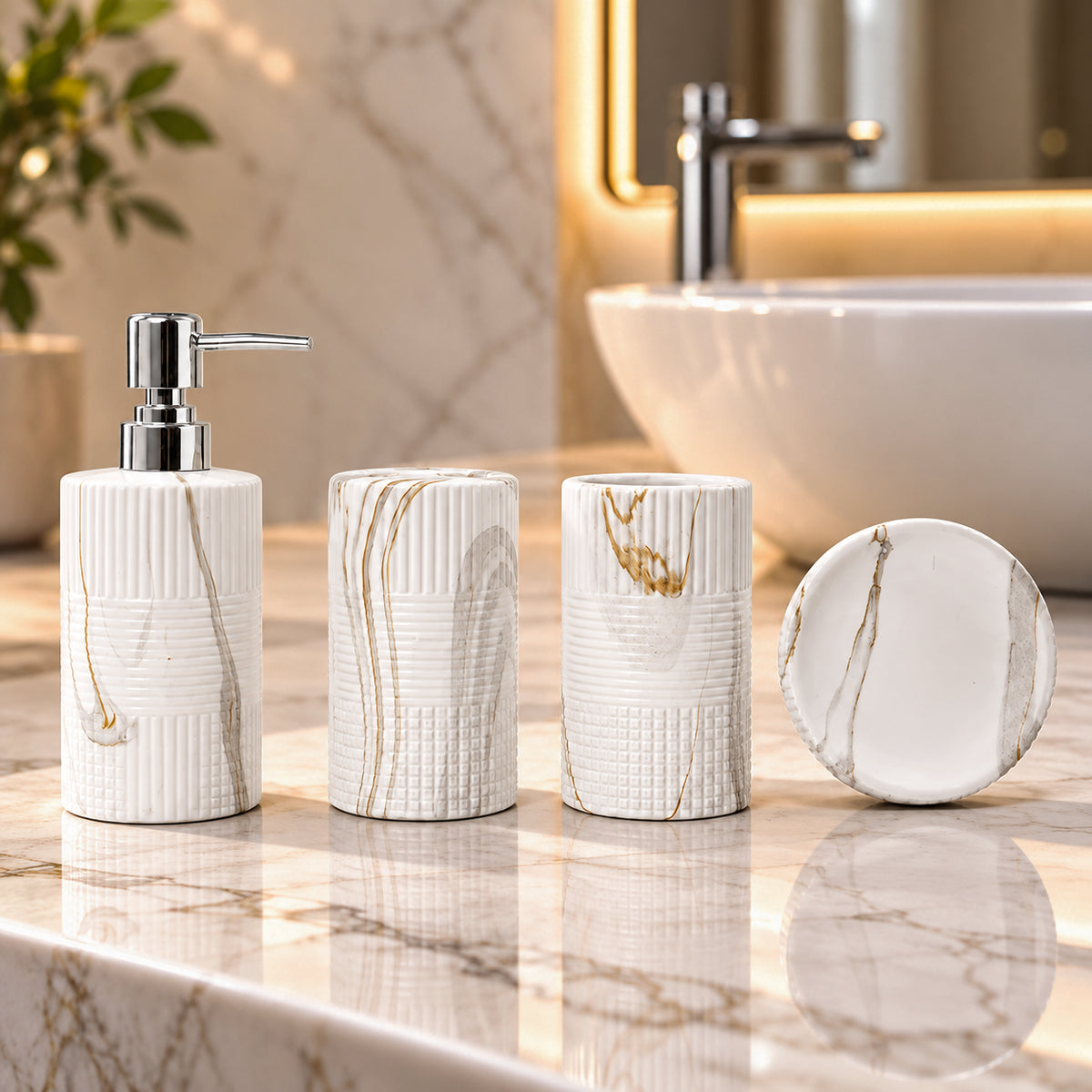 Elegant Ceramic Bathroom Accessories with Gold Finish – Set of 4