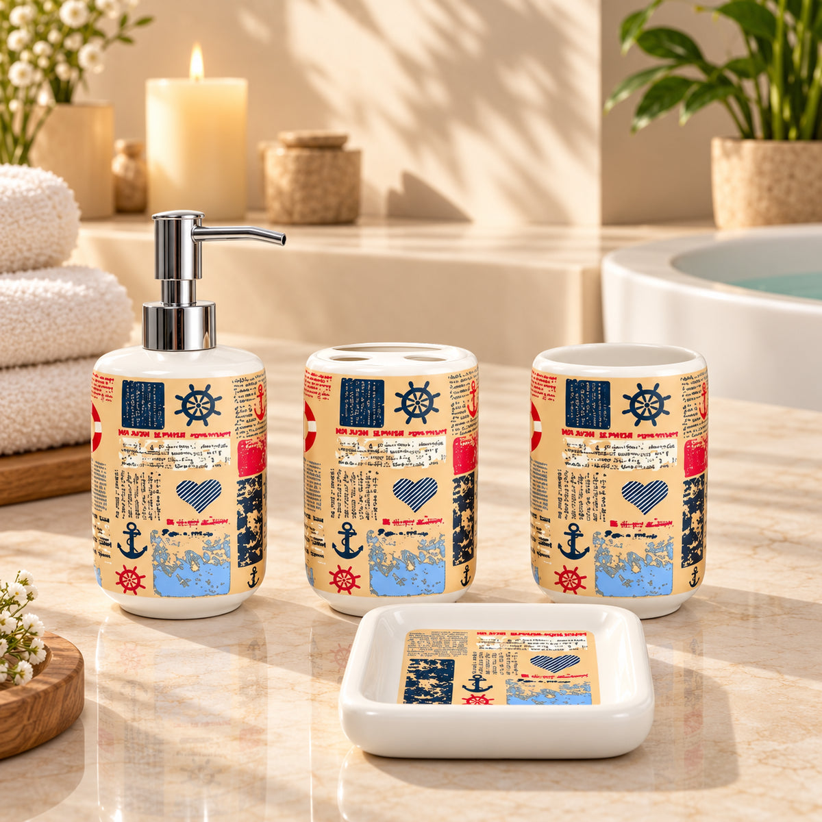 Premium Ceramic Sea Shell Bathroom Accessories Set of 4