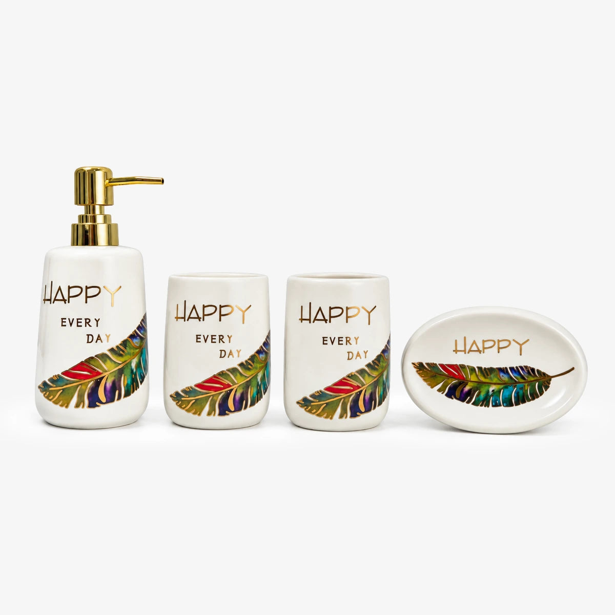 Ceramic Bathroom Set with Artistic Leaf Design - Set of 4