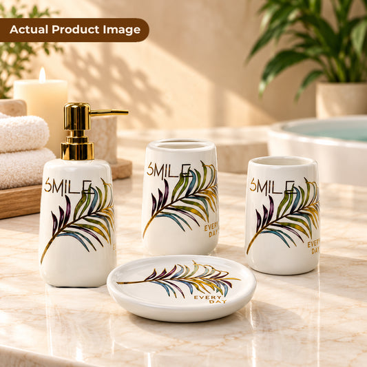 Ceramic Bathroom Set with Artistic Leaf Design - Set of 4