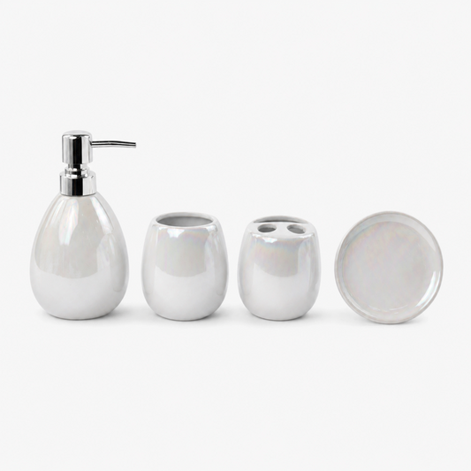 Pearl White Ceramic Bath Accessories Set with Gloss Finish - 4 Pieces
