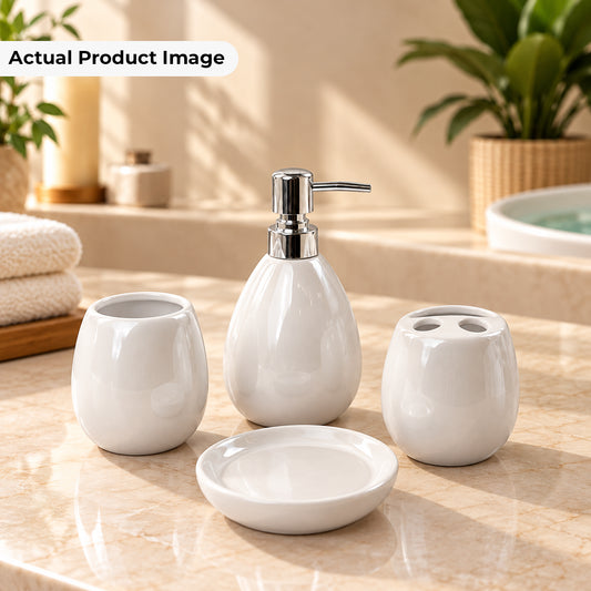 Pearl White Ceramic Bath Accessories Set with Gloss Finish - 4 Pieces