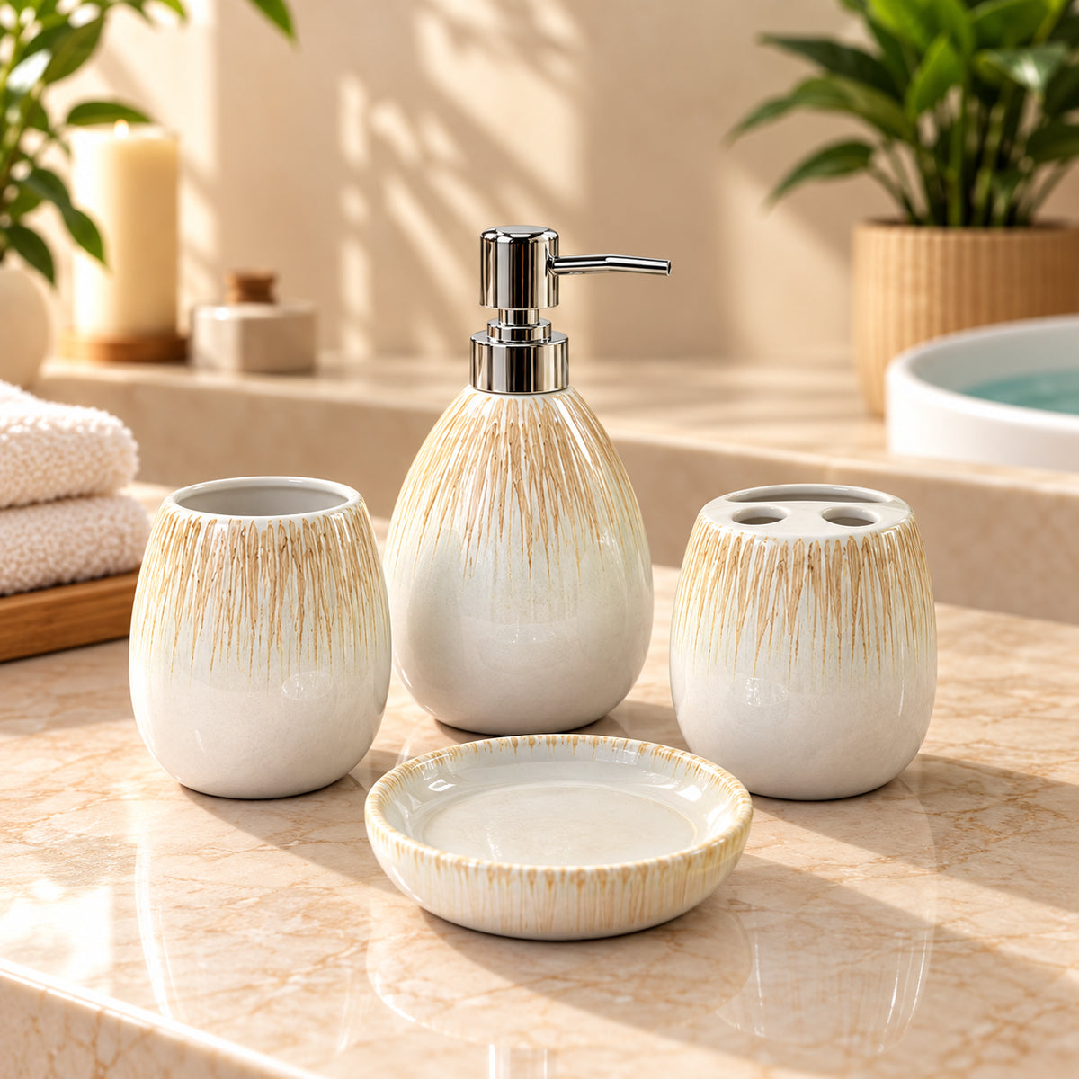 Pearl White Ceramic Bath Accessories Set with Gloss Finish - 4 Pieces