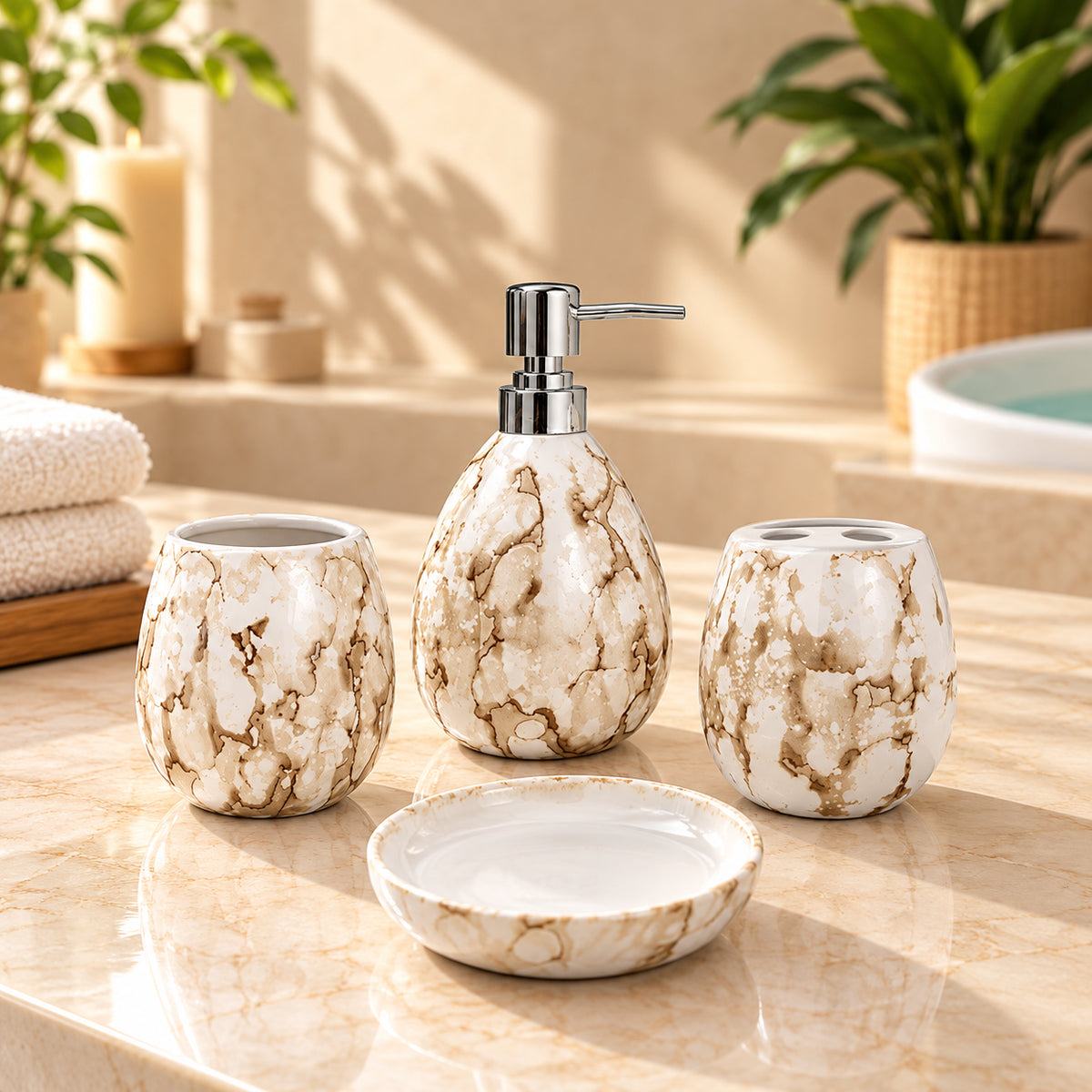 Pearl White Ceramic Bath Accessories Set with Gloss Finish - 4 Pieces