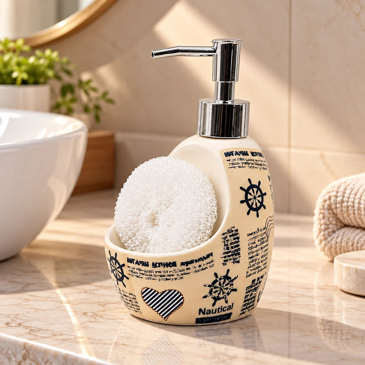 Ceramic Soap Dispenser with Sponge Holder for Kitchen - 320ml