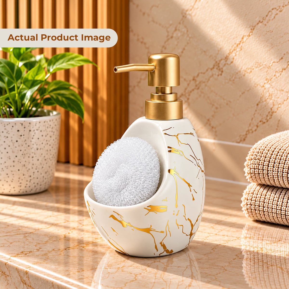 Ceramic Marble Soap Dispenser with Sponge Holder for Bathroom