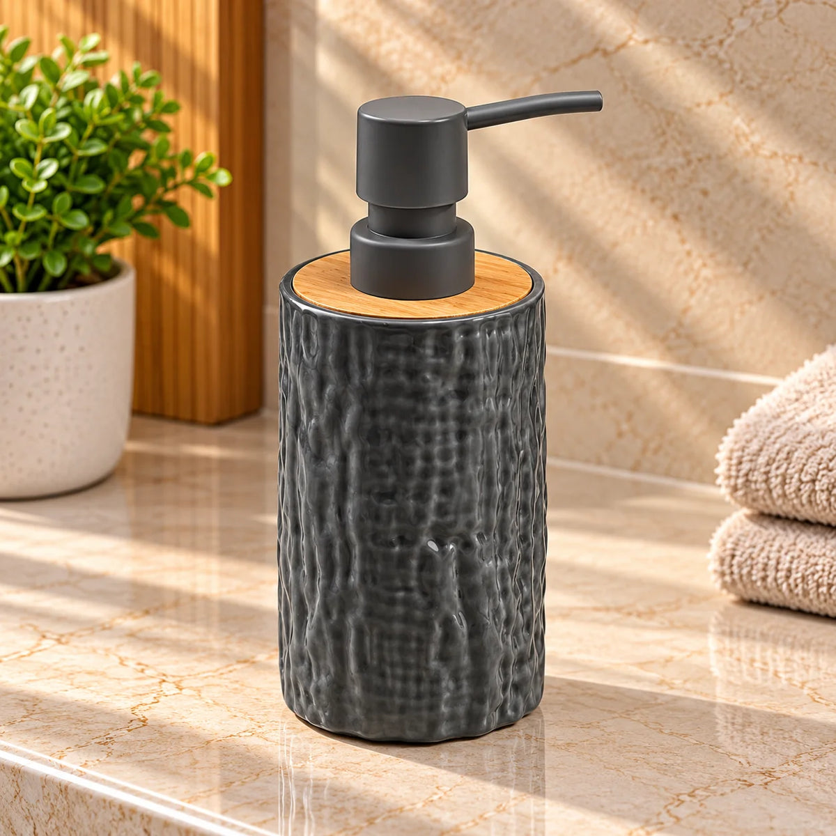 Unbreakable Textured Soap Dispenser with Bamboo Touch 380ml