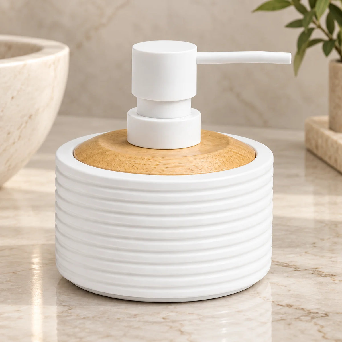 Unbreakable Matte Ribbed Soap Dispenser with Wooden Top 390ml