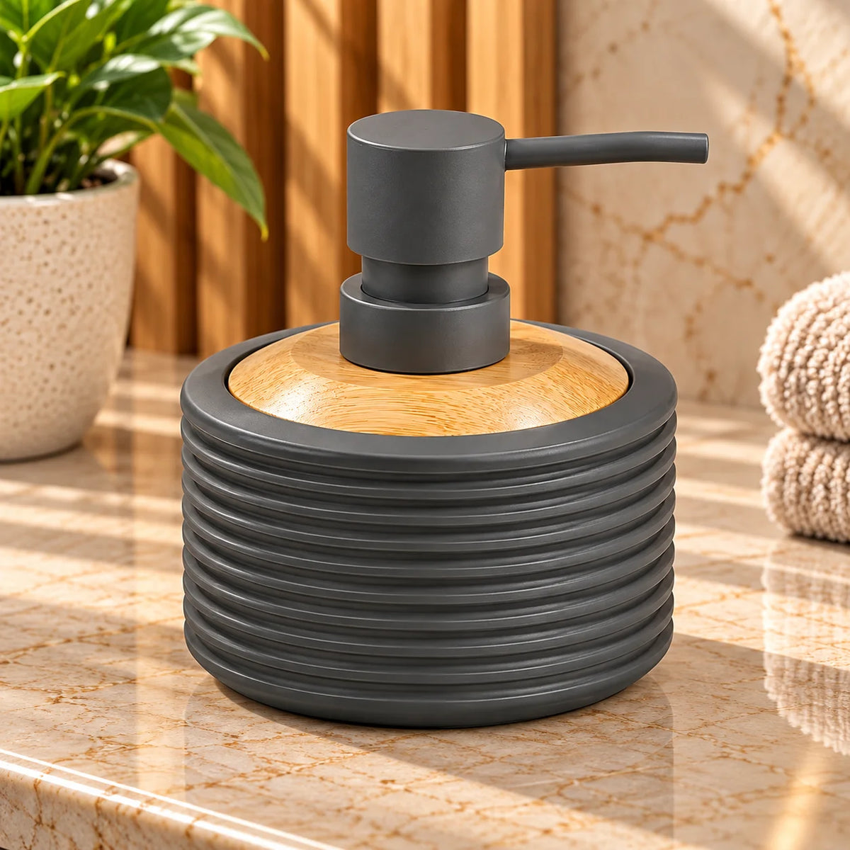Unbreakable Matte Ribbed Soap Dispenser with Wooden Top 390ml