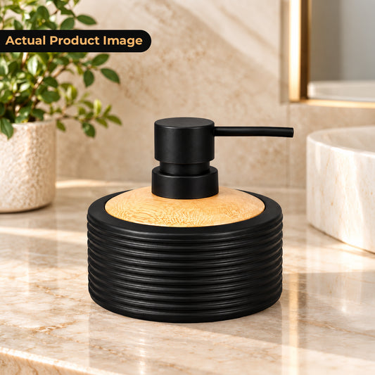 Unbreakable Matte Ribbed Soap Dispenser with Wooden Top 390ml