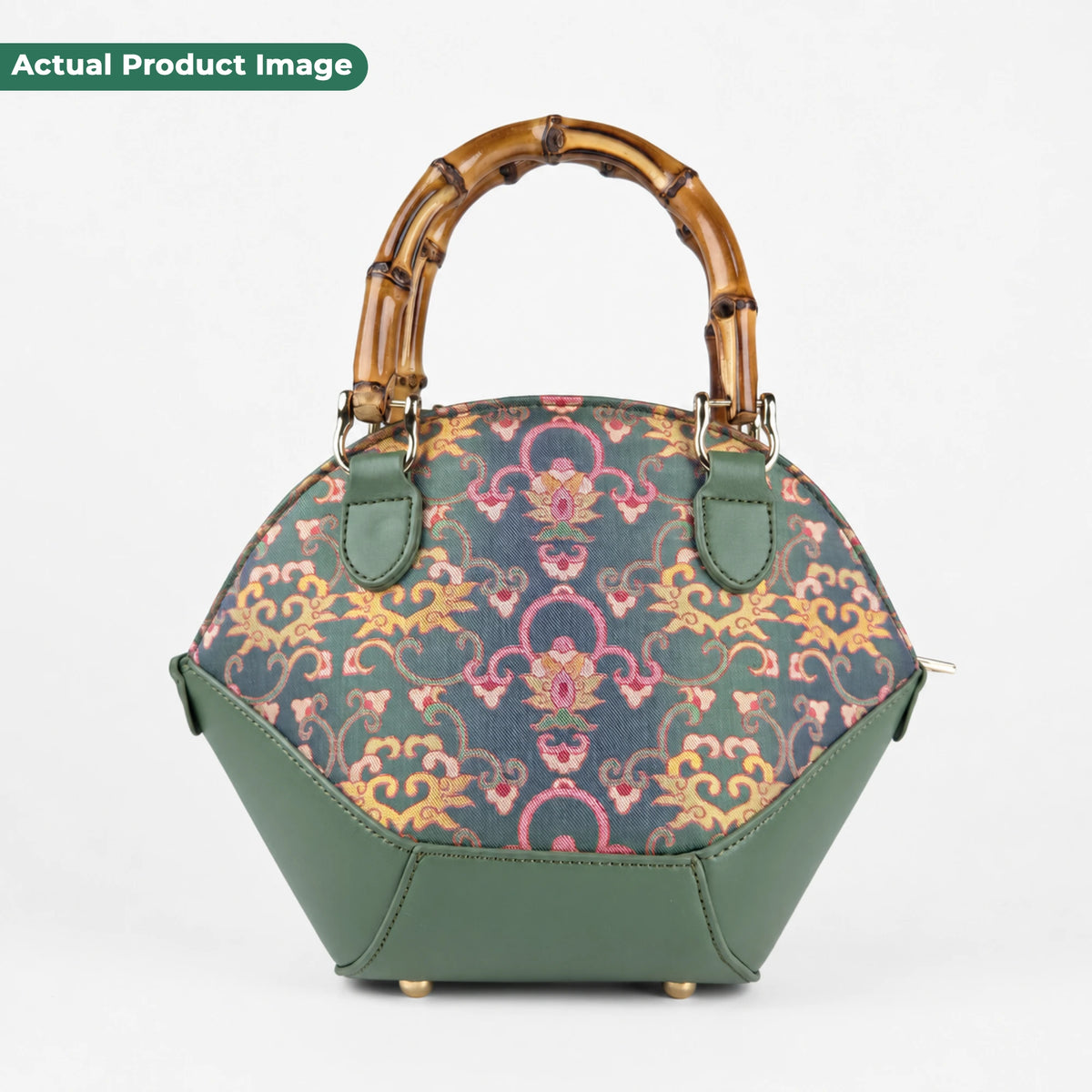 Premium Bottle Green Hangzhou Silk & Leather Handbag with Bamboo Handle