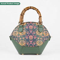 Premium Bottle Green Hangzhou Silk & Leather Handbag with Bamboo Handle