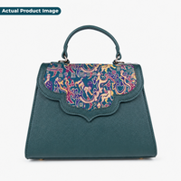 Emerald Silk Flap Leather Handbag with Top Handle & Sling