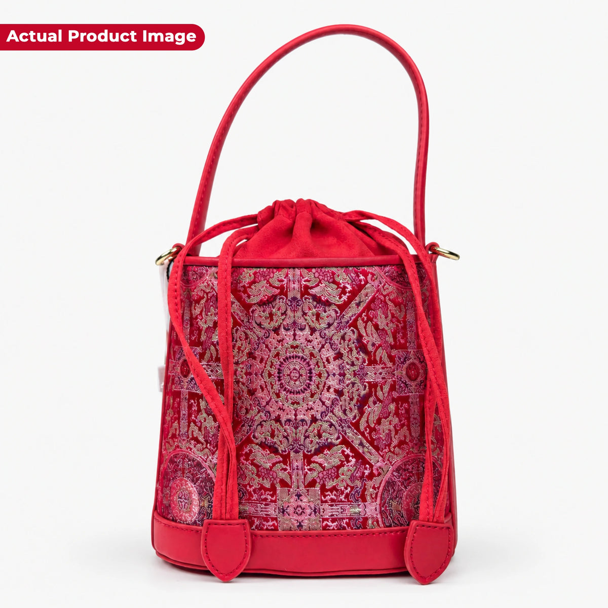 Printed Hangzhou Silk with Premium Leather Bucket Bag for Women