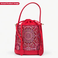 Printed Hangzhou Silk with Premium Leather Bucket Bag for Women
