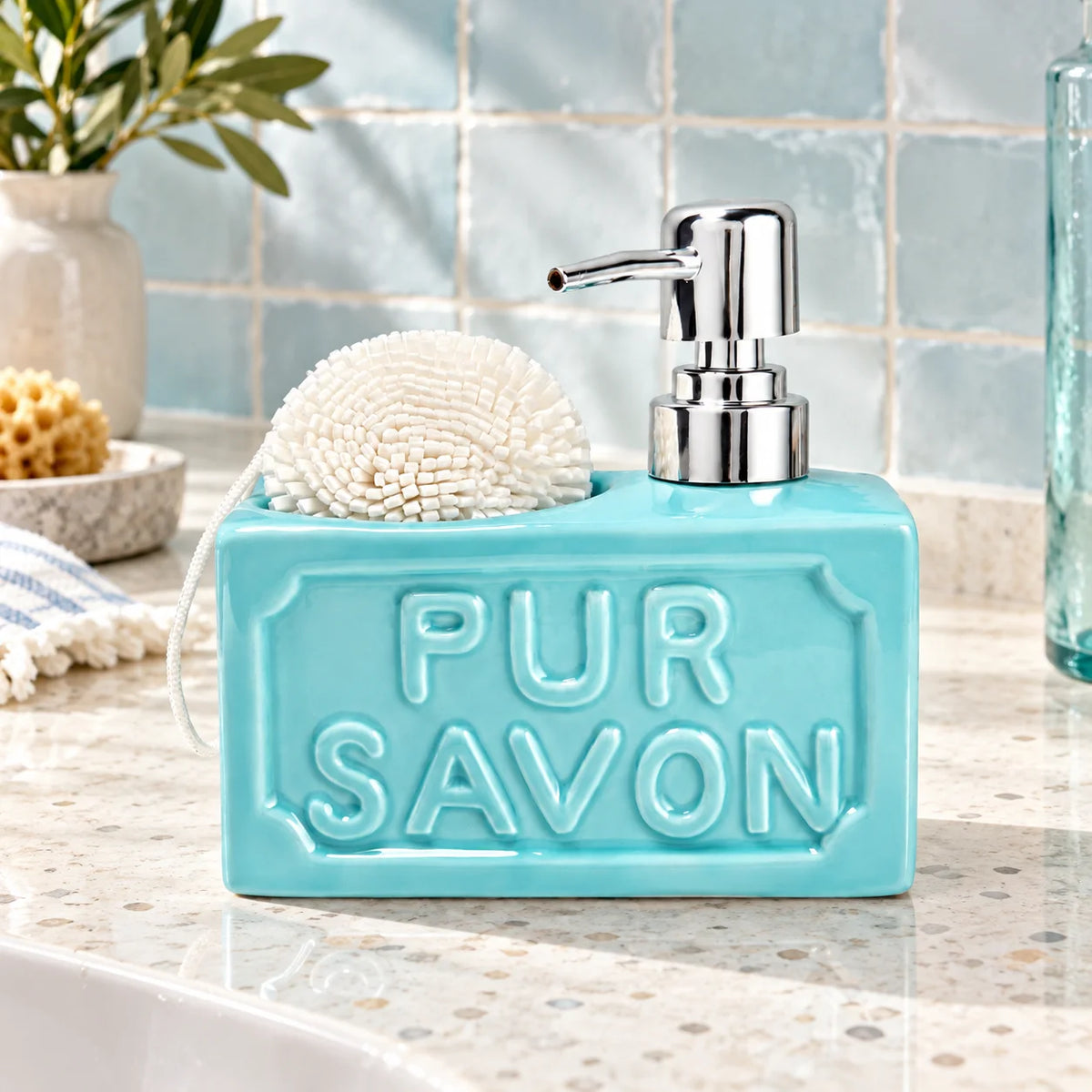 PUR SAVON Ceramic Soap Dispenser with Sponge Holder 350ml