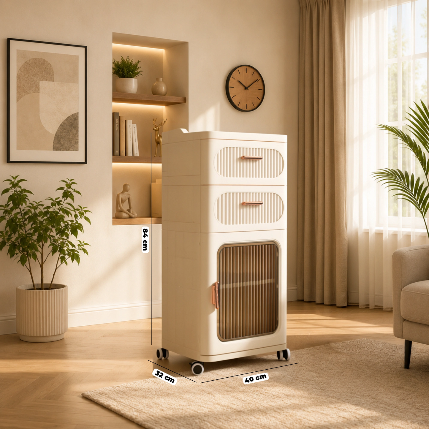 Elegant Fluted Storage Cabinet with Drawer, Door & Rolling Wheels