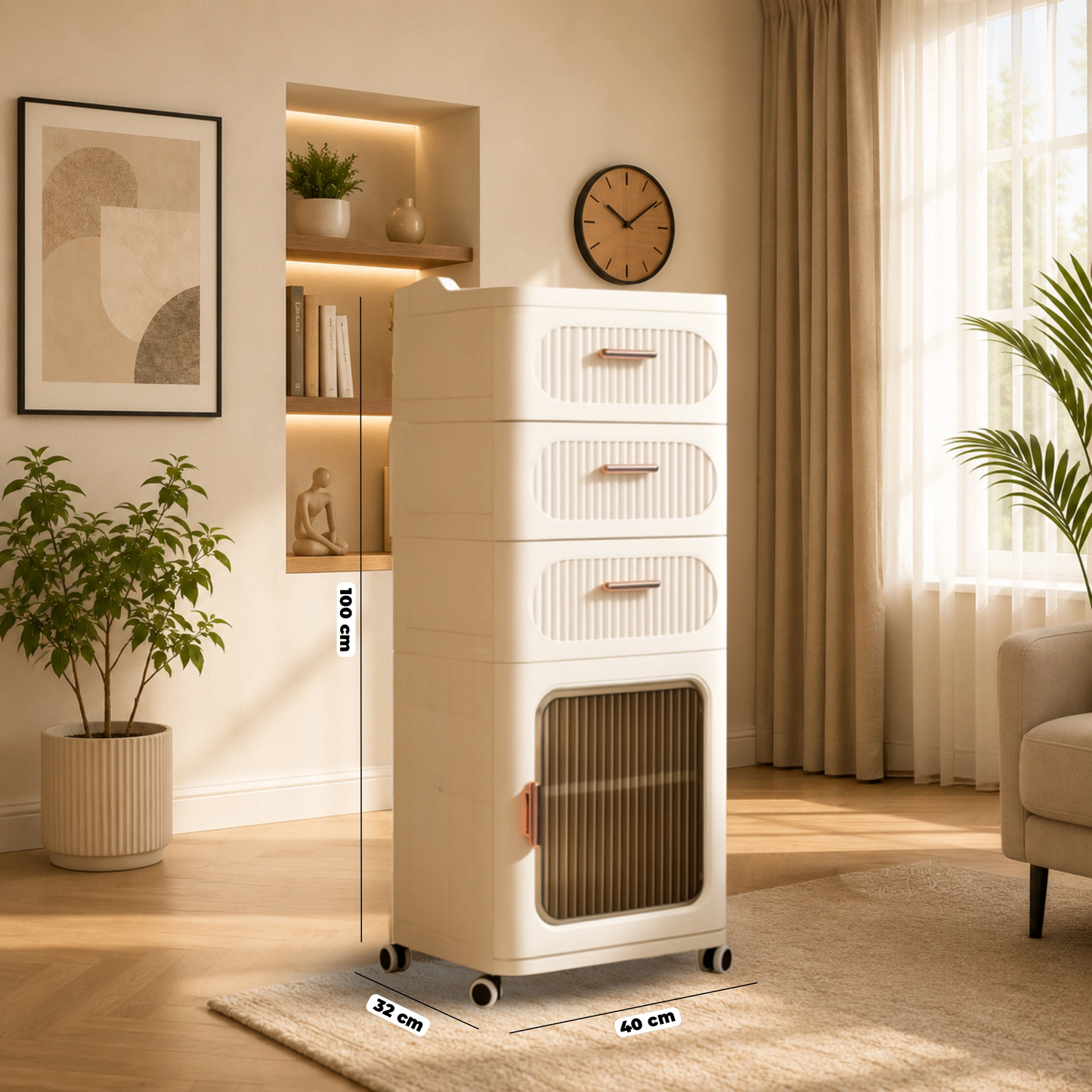 Elegant Fluted Storage Cabinet with Drawer, Door & Rolling Wheels