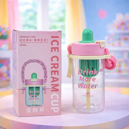 Cute Ice Cream Bottle with Straw Sipper for Kids - 650ml
