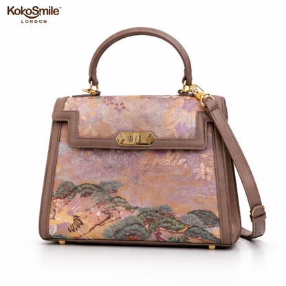 Handcrafted Premium Leather Top Handle Bag with Hangzhou Silk
