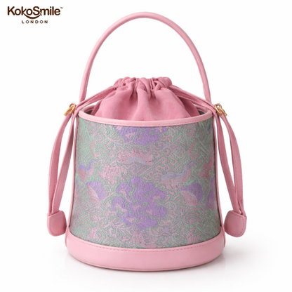 Trendy Premium Leather Bucket Bag with Hangzhou Silk