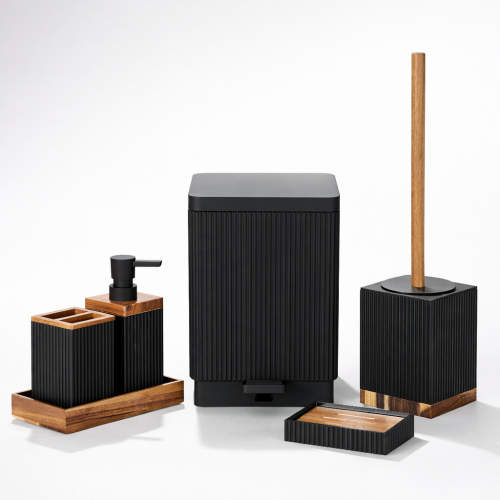 Modern Black Ribbed Bathroom Accessories Set with Wooden Accents (6 Pcs)