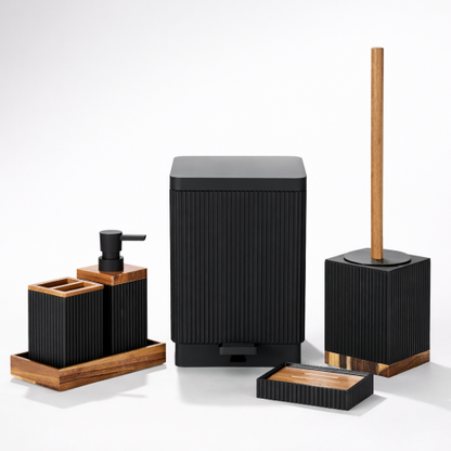 Modern Black Ribbed Bathroom Accessories Set with Wooden Accents (6 Pcs)