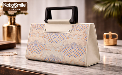 Luxe Hangzhou Silk Panel Leather Handbag with Top Handle
