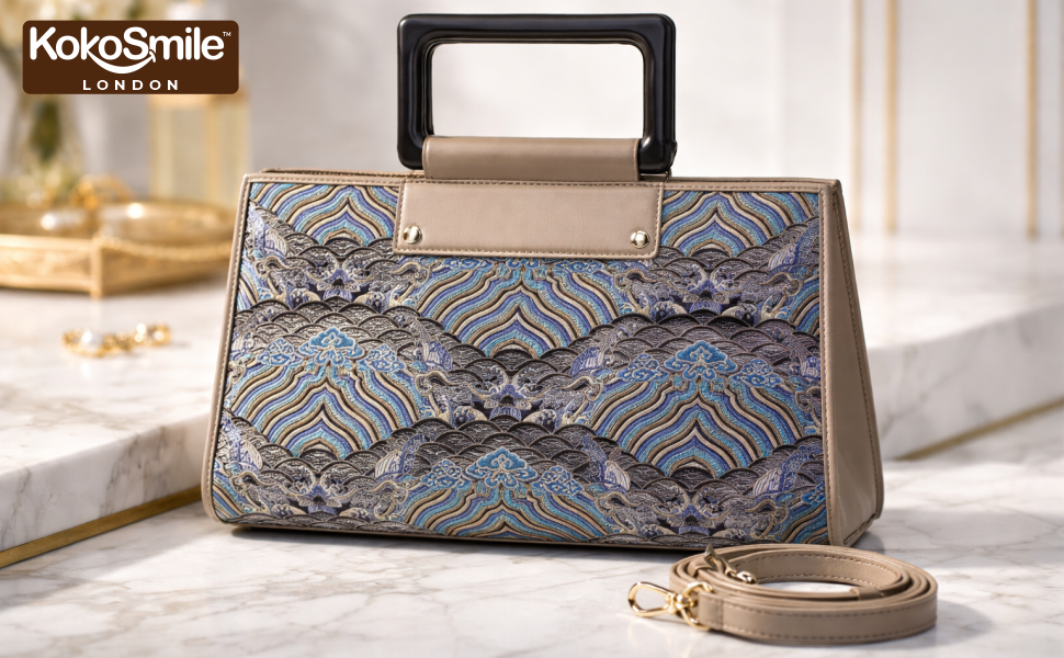 Famous Hangzhou Silk Panel Leather Top Handle Bag with Detachable Strap