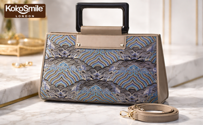 Famous Hangzhou Silk Panel Leather Top Handle Bag with Detachable Strap