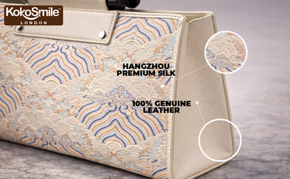 Luxe Hangzhou Silk Panel Leather Handbag with Top Handle