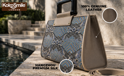 Famous Hangzhou Silk Panel Leather Top Handle Bag with Detachable Strap