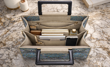 Famous Hangzhou Silk Panel Leather Top Handle Bag with Detachable Strap