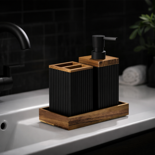 Modern Black Ribbed Bathroom Accessories Set with Wooden Accents (6 Pcs)
