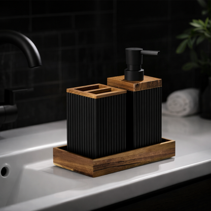 Modern Black Ribbed Bathroom Accessories Set with Wooden Accents (6 Pcs)