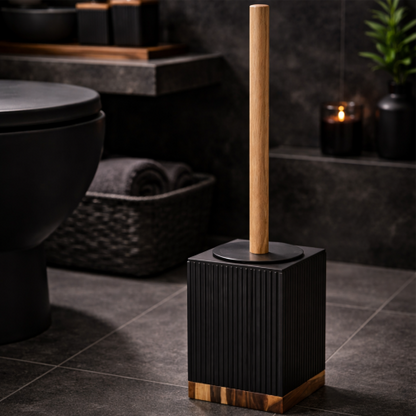Modern Black Ribbed Bathroom Accessories Set with Wooden Accents (6 Pcs)