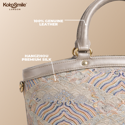 Premium Leather Handbag with Hangzhou Silk for Women