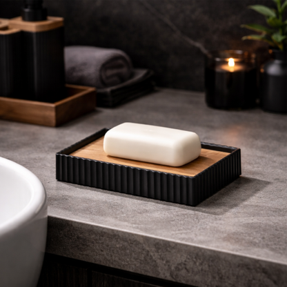 Modern Black Ribbed Bathroom Accessories Set with Wooden Accents (6 Pcs)