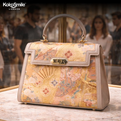 Luxury Handmade Leather Top Handle Bag with Hangzhou Silk