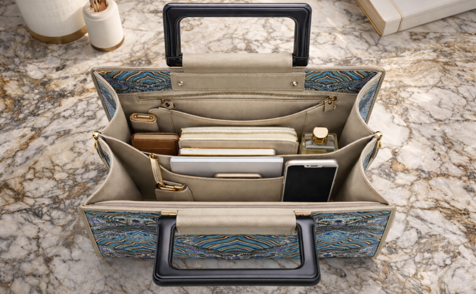 Famous Hangzhou Silk Panel Leather Top Handle Bag with Detachable Strap Banner 4