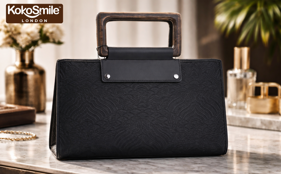 Classic Black Leather & Hangzhou silk Handbag with Wooden Handle Banner 1