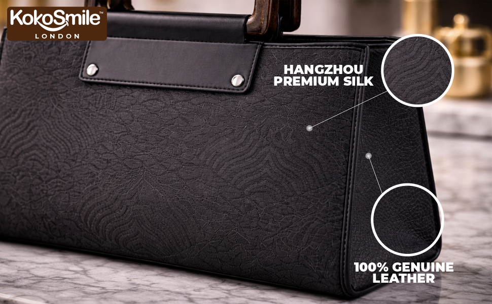 Classic Black Leather & Hangzhou silk Handbag with Wooden Handle Banner 2