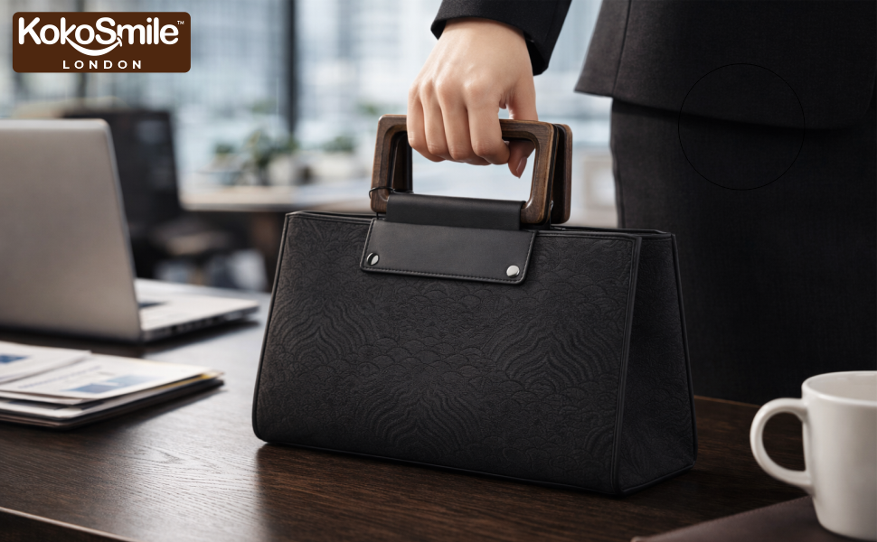 Classic Black Leather & Hangzhou silk Handbag with Wooden Handle Banner 3
