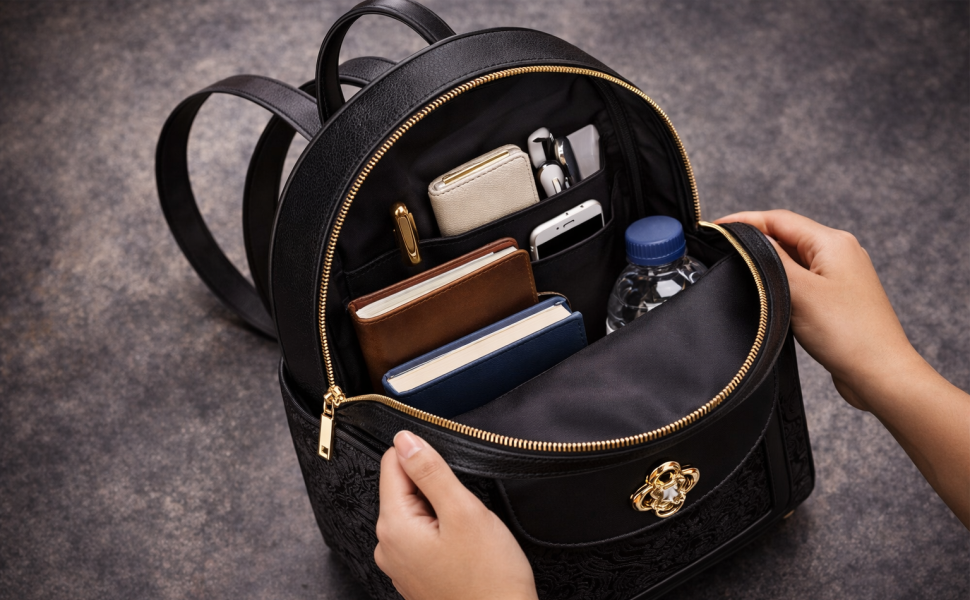 Royal Black Hangzhou Silk Leather Mini Backpack Banner 4