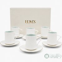 Ivory Blue Ribbed Ceramic Tea/Coffee Mug & Saucer -  Set of 6 (250ml each)
