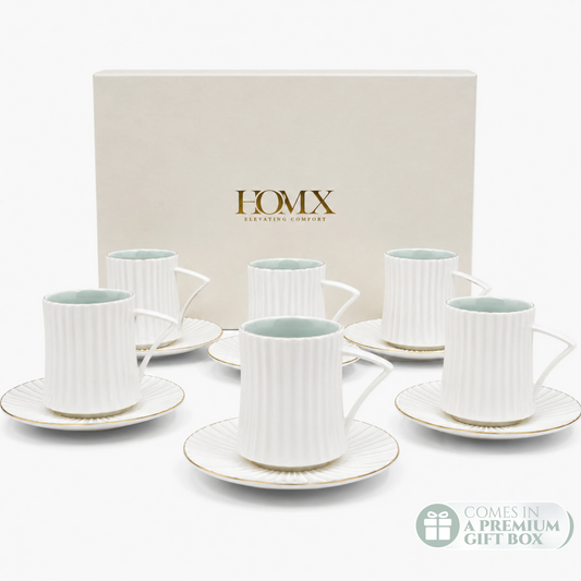 Ivory Blue Ribbed Ceramic Tea/Coffee Mug & Saucer -  Set of 6 (250ml each)