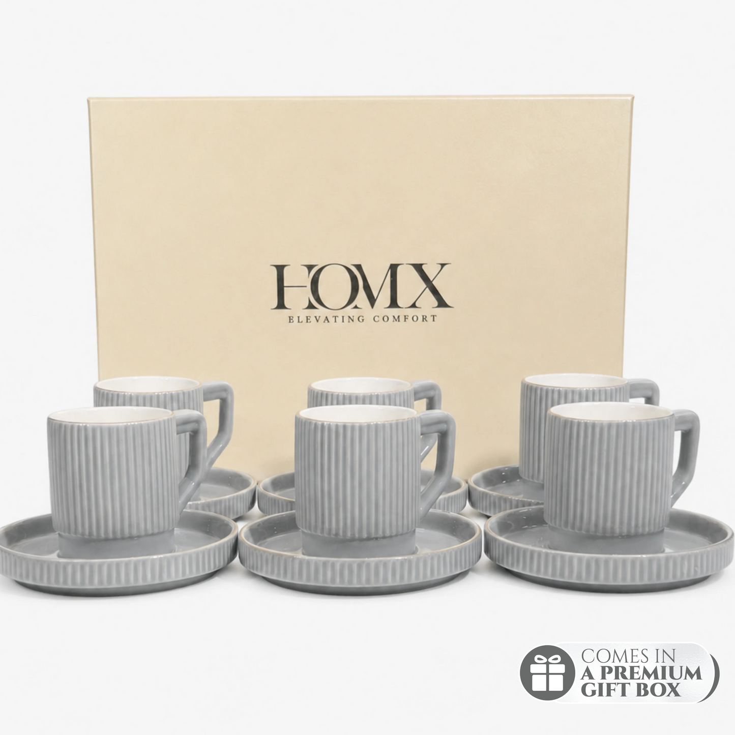 Premium Grey-Gold Rim Ribbed Ceramic Mug & Saucer - Set of 6 (100ml each)