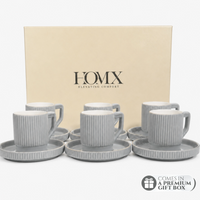 Premium Grey-Gold Rim Ribbed Ceramic Mug & Saucer - Set of 6 (100ml each)